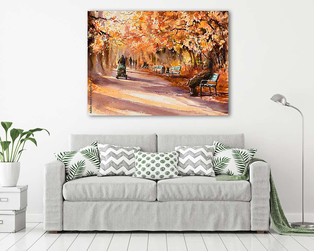 Őszi parkban egy napsütötte napon, vízfesték stílusban (bögre) - vászonkép, falikép otthonra és irodába