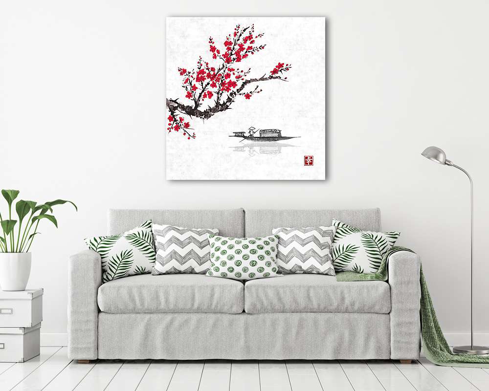 Oriental sakura cseresznyefa virágban és halászhajó vízben (bögre) - vászonkép, falikép otthonra és irodába