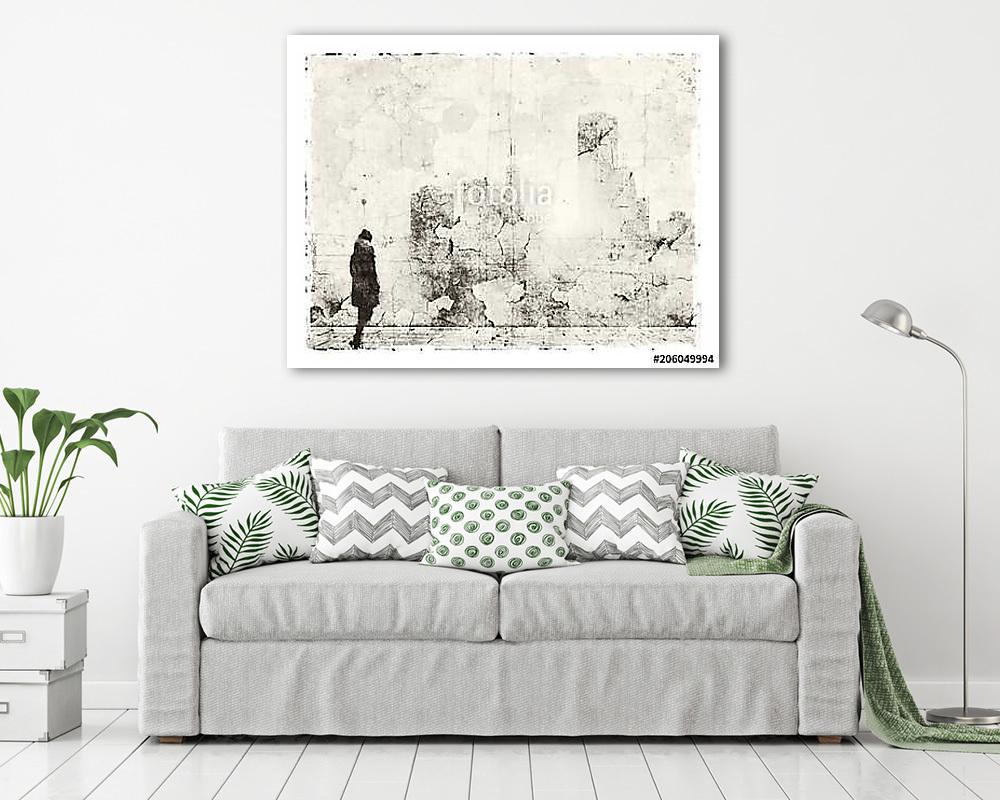Abstract destroyed city skyline with small female figure unrecognizable (vászonkép) - vászonkép, falikép otthonra és irodába