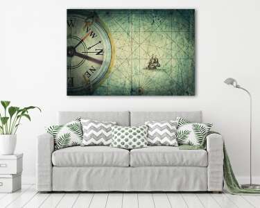 Kékeszöld hajózási térkép illusztráció, iránytűvel (vászonkép) - vászonkép, falikép otthonra és irodába