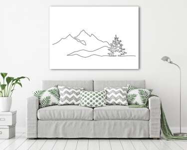 Tájkép hegyekkel és fenyővel (vonalrajz, line art) (vászonkép) - vászonkép, falikép otthonra és irodába