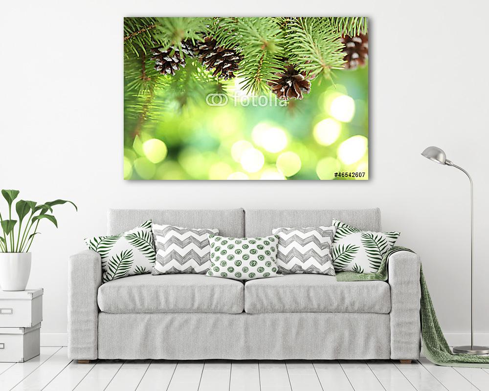 fenyő ág az absztrakt fények háttérén (többrészes kép) - vászonkép, falikép otthonra és irodába