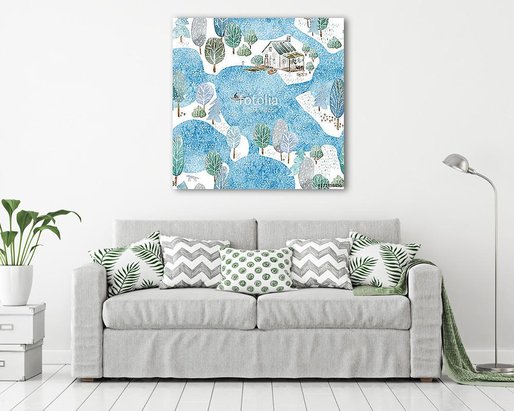 Seamless pattern of a fisherman's house,island and garden.Landsc (keretezett kép) - vászonkép, falikép otthonra és irodába