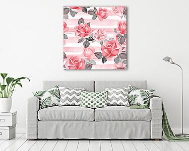 Floral seamless pattern. Watercolor background with red roses (vászonkép) - vászonkép, falikép otthonra és irodába