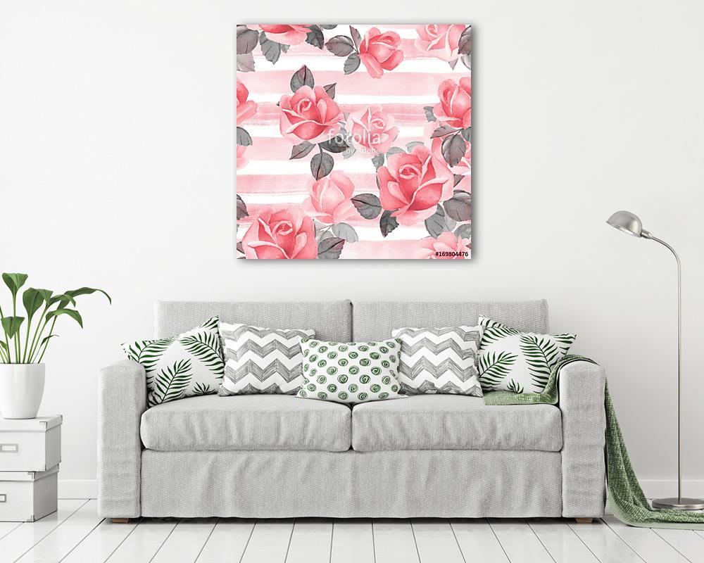 Floral seamless pattern. Watercolor background with red roses - vászonkép, falikép vásárlás Floral seamless pattern. Watercolor background with red roses (vászonkép) - vászonkép, falikép otthonra és irodába