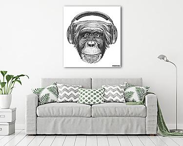 Portrait of Monkey with headphones. Hand drawn illustration. (vászonkép) - vászonkép, falikép otthonra és irodába