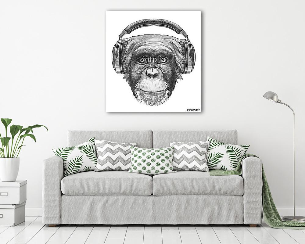 Portrait of Monkey with headphones. Hand drawn illustration. (vászonkép) - vászonkép, falikép otthonra és irodába