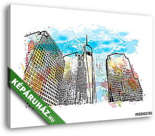 Watercolor splash with hand drawn sketch of Times Square, New Yo - vászonkép 3D látványterv