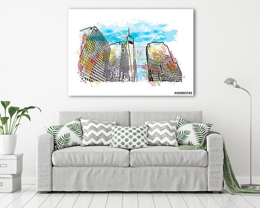 Watercolor splash with hand drawn sketch of Times Square, New Yo (vászonkép) - vászonkép, falikép otthonra és irodába