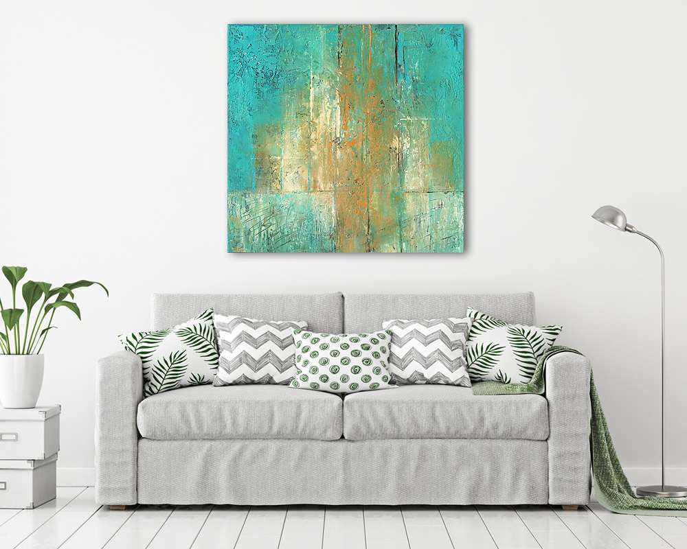 Turquoise and Ocher - Abstract acrylic painting in turquoise and ocher colors. (poszter) - vászonkép, falikép otthonra és irodába