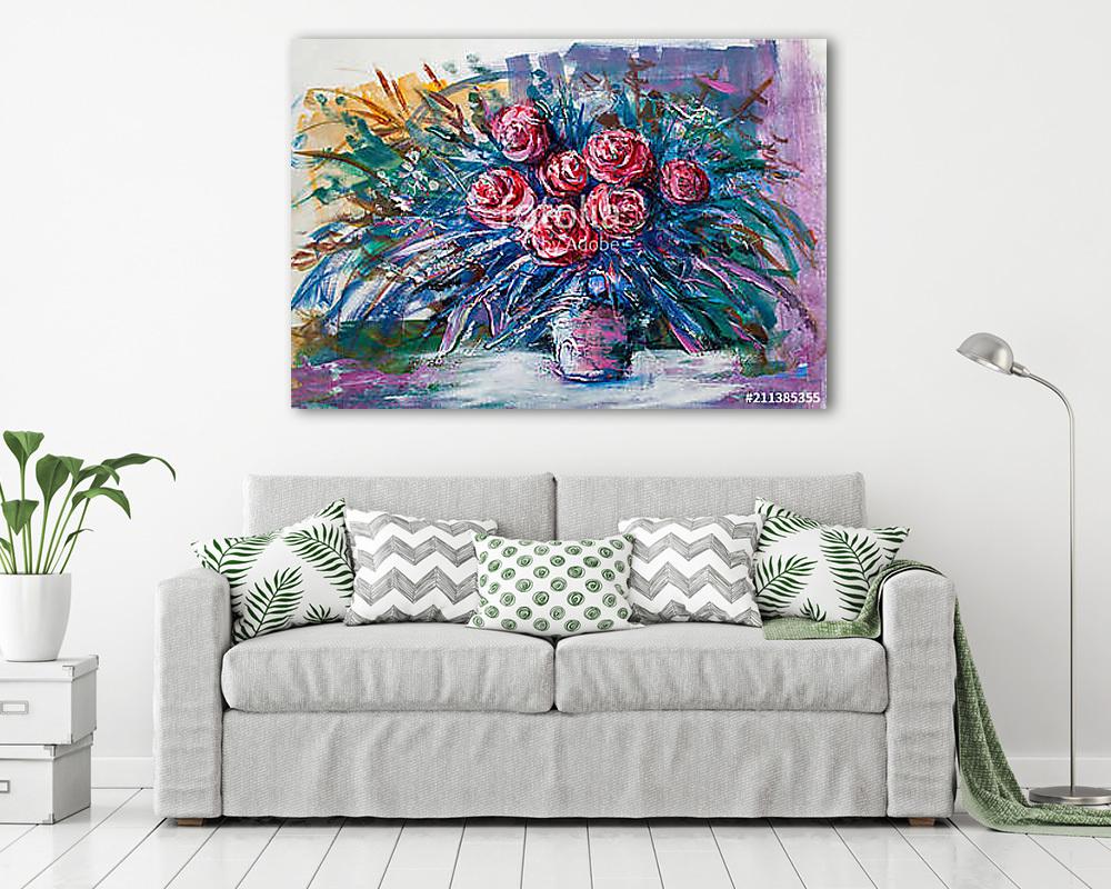 Absztrakt piros rózsák csokorban vázában (olajfestmény reprodukció) (keretezett kép) - vászonkép, falikép otthonra és irodába