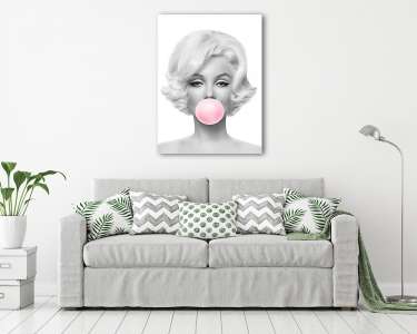 Marilyn Monroe rózsaszín rágógumit fúj, fekete-fehér (3:4 arány) (vászonkép) - vászonkép, falikép otthonra és irodába