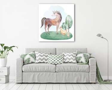 Akvarell háziállatok - lovacska baromfiakkal (vászonkép) - vászonkép, falikép otthonra és irodába