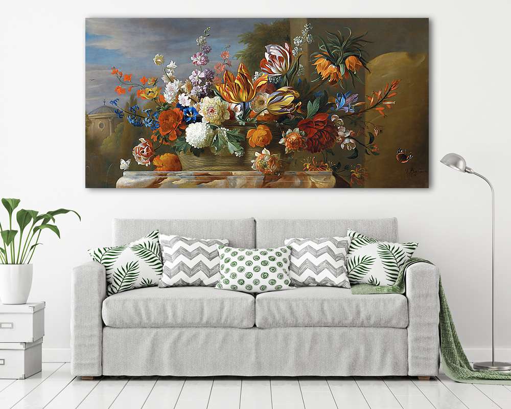 Tulipán, pünkösdi rózsa és egyéb virágok egy kosárban (bögre) - vászonkép, falikép otthonra és irodába