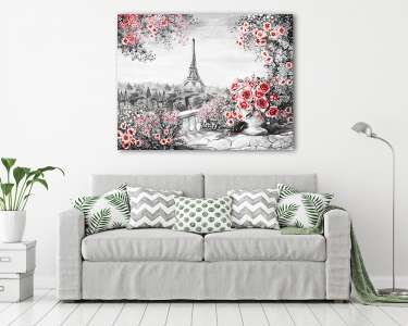Rózsák és tenger Eiffel torony színverzió 1 (olajfestmény reprodukció) (vászonkép) - vászonkép, falikép otthonra és irodába