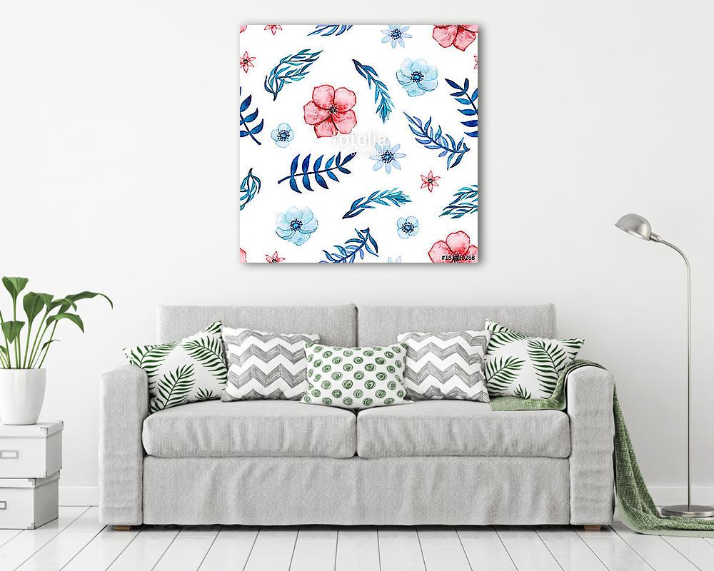 Seamless Pattern of Watercolor Red and Blue Flowers (fotótapéta) - vászonkép, falikép otthonra és irodába