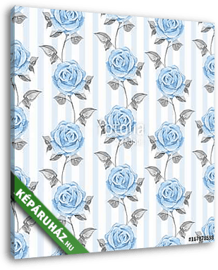 Floral seamless striped pattern. Watercolor background with blue - vászonkép 3D látványterv