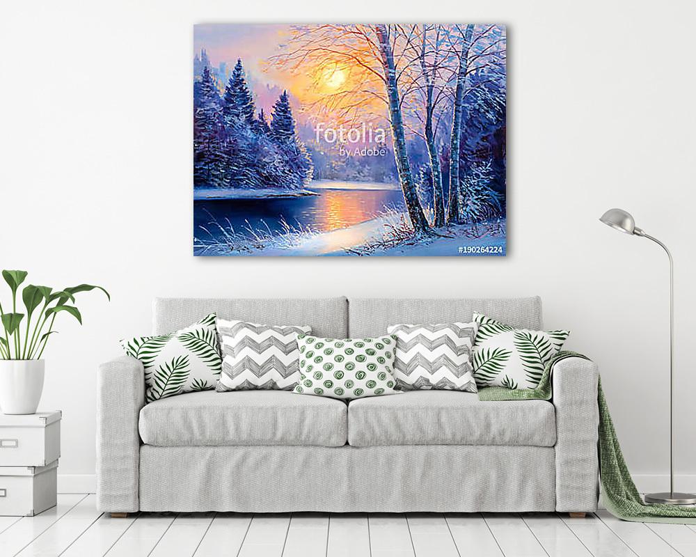 painting  of beautiful winter landscape (poszter) - vászonkép, falikép otthonra és irodába