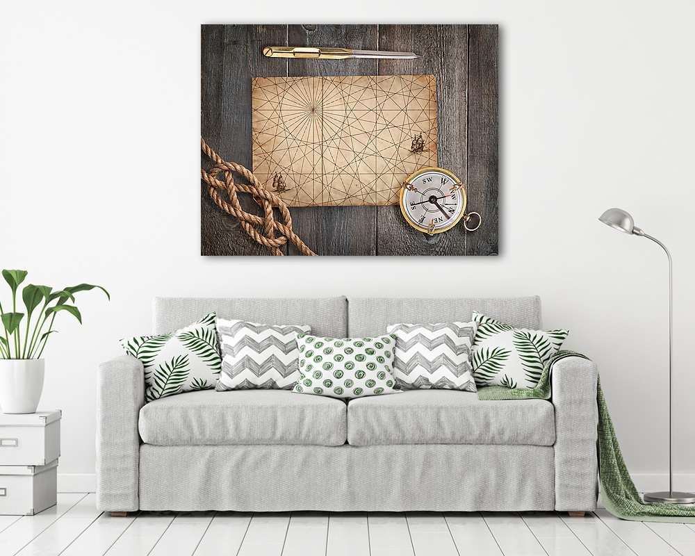 Térkép és iránytű fa asztallapon (többrészes kép) - vászonkép, falikép otthonra és irodába