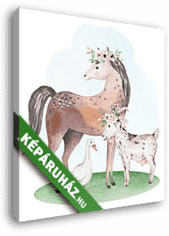 Akvarell háziállatok - lovacska baromfiakkal - vászonkép 3D látványterv