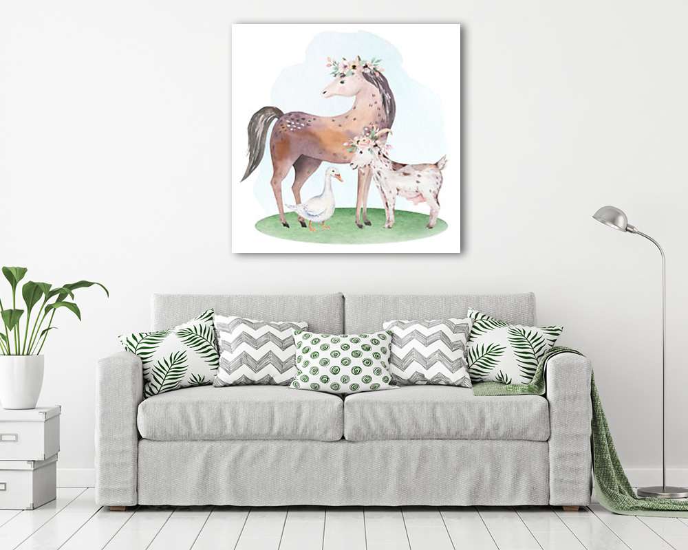 Akvarell háziállatok - lovacska baromfiakkal (vászonkép) - vászonkép, falikép otthonra és irodába