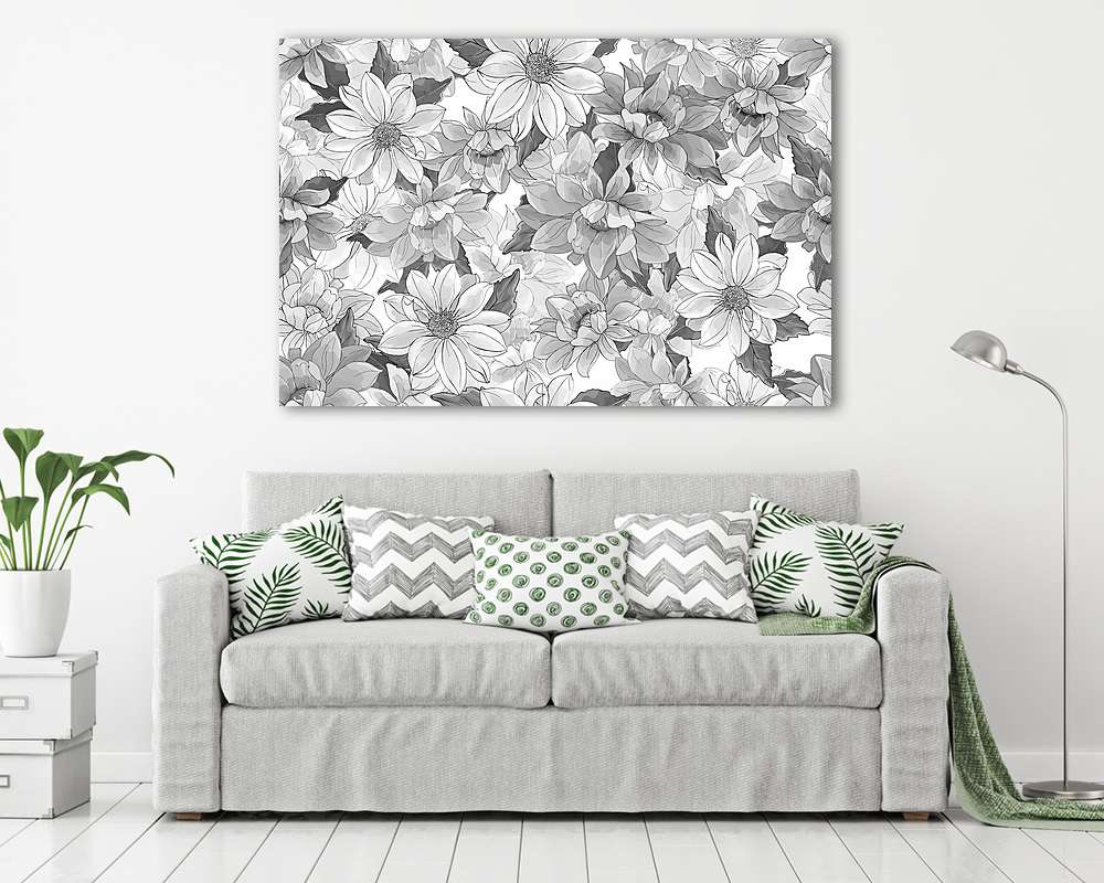 Fekete-fehér dália virágminta (fotótapéta) - vászonkép, falikép otthonra és irodába