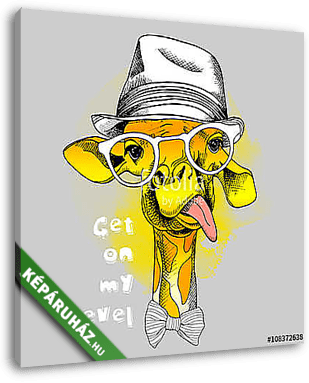 Image of portrait of a giraffe in the glasses and in the hat. Ve - vászonkép 3D látványterv