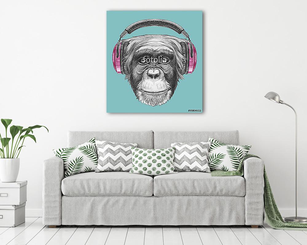 Portrait of Monkey with headphones. Hand drawn illustration. (keretezett kép) - vászonkép, falikép otthonra és irodába