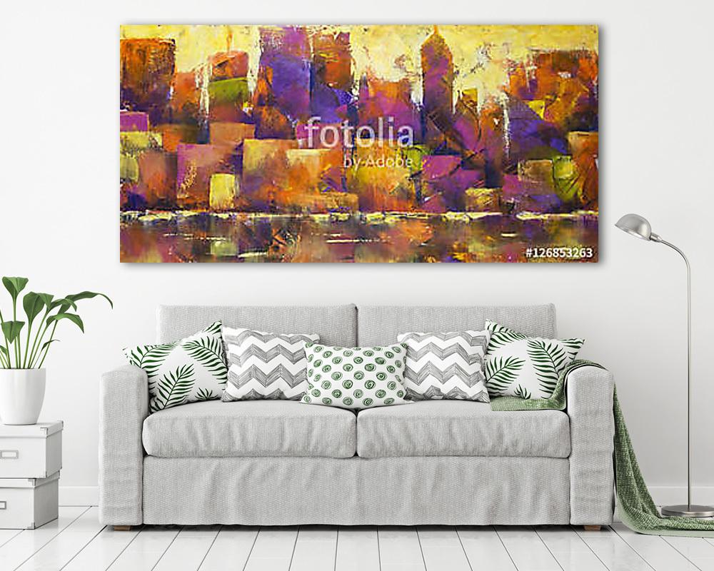 Colorful Cityscape - Acrylic painting of a colorful city skyline (többrészes kép) - vászonkép, falikép otthonra és irodába