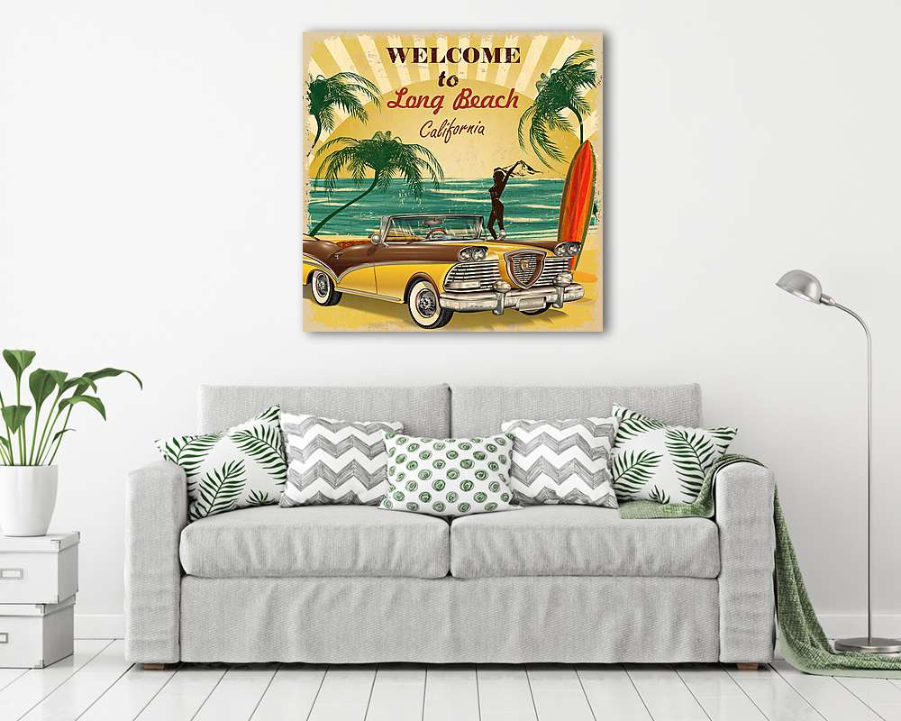 Welcome to long Beach, California retro poster. - vászonkép, falikép vásárlás Welcome to long Beach, California retro poster. (keretezett kép) - vászonkép, falikép otthonra és irodába