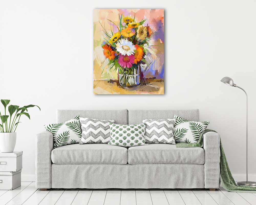 Üveg váza virágos gerbera csokorral (keretezett kép) - vászonkép, falikép otthonra és irodába