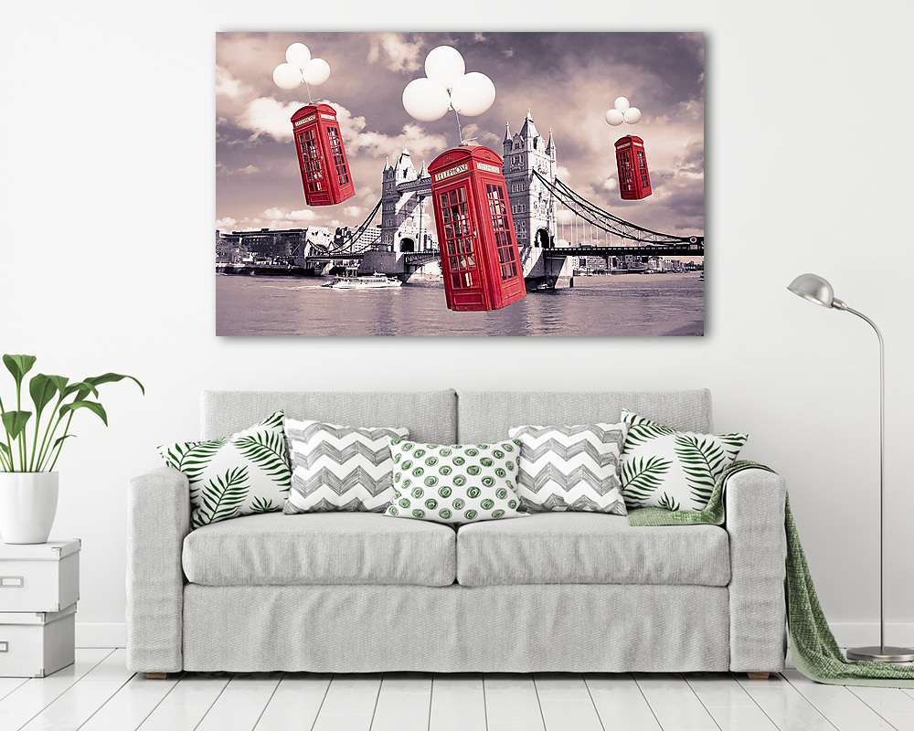 Szárnyaló telefonfülkék a Tower híd felett (bögre) - vászonkép, falikép otthonra és irodába