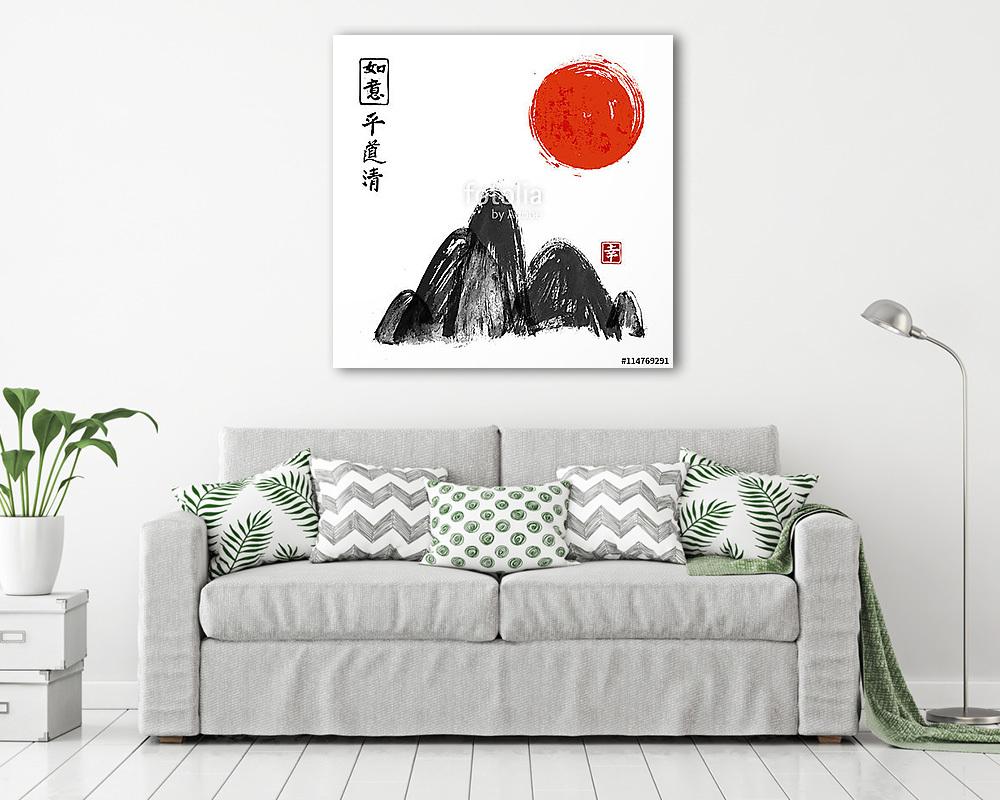 Hegyek és vörös nap kézzel festett tintával fehér alapon. T (poszter) - vászonkép, falikép otthonra és irodába