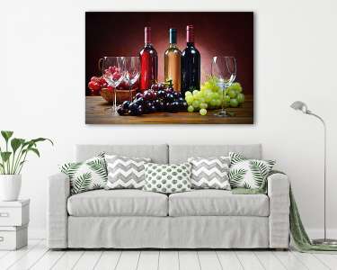 Piros, rózsaszín és fehérbor, szőlőfürtökkel (vászonkép) - vászonkép, falikép otthonra és irodába