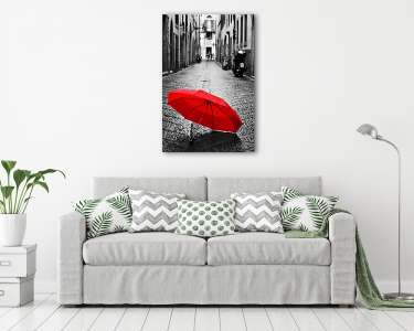 Piros esernyő macskaköves utcán (vászonkép) - vászonkép, falikép otthonra és irodába