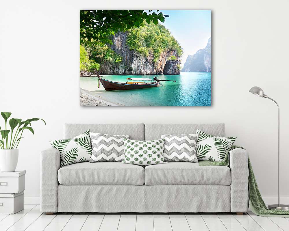 long boat on island in Thailand - vászonkép, falikép vásárlás long boat on island in Thailand (vászonkép) - vászonkép, falikép otthonra és irodába