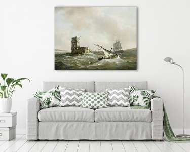 Fregatt a hullámzó Tejo folyón, a Belém toronnyal (vászonkép) - vászonkép, falikép otthonra és irodába