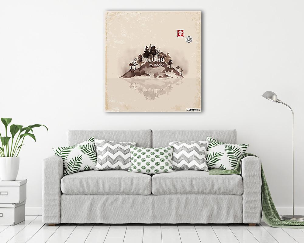 Sziget fákkal ködben. Hagyományos japán festékfestés sumi (bögre) - vászonkép, falikép otthonra és irodába