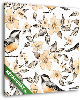 Spring flowers and birds. Hand drawn watercolor floral seamless  - vászonkép 3D látványterv