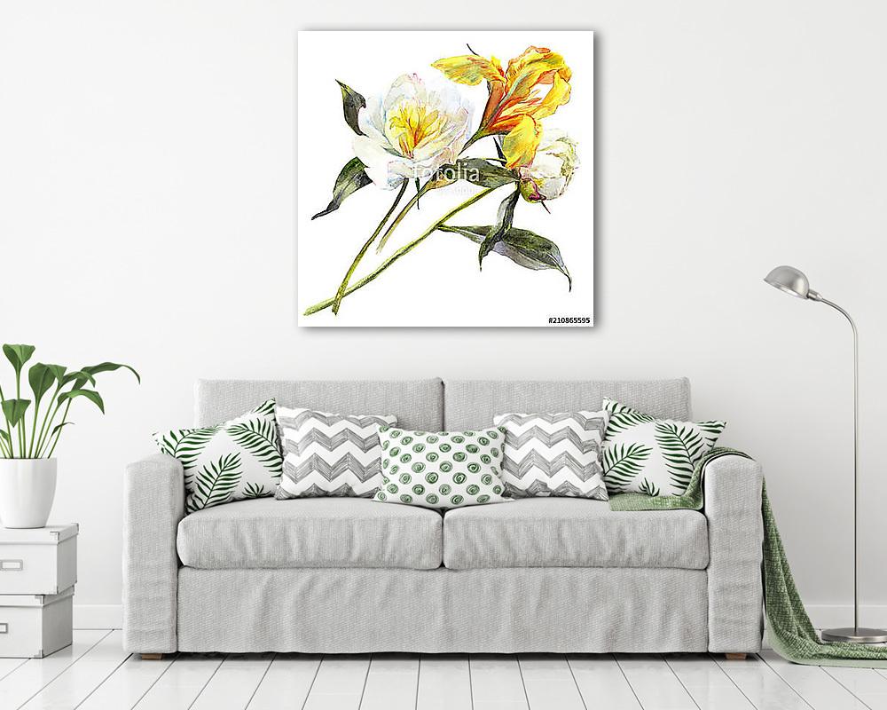 Isolated watercolor bouquet of peony and iris flower. (keretezett kép) - vászonkép, falikép otthonra és irodába