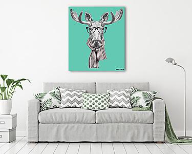 Portrait of Moose with glasses and scarf. Hand drawn illustratio (vászonkép) - vászonkép, falikép otthonra és irodába