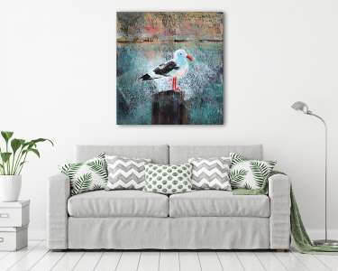 Seagull At The Dock - Acrylic painting of a seagull standing on a wooden dock post. (vászonkép) - vászonkép, falikép otthonra és irodába