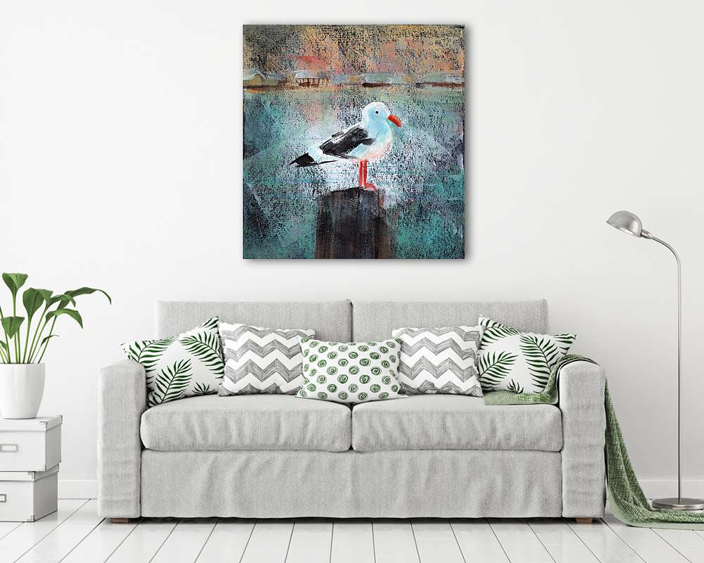 Seagull At The Dock - Acrylic painting of a seagull standing on a wooden dock post. (poszter) - vászonkép, falikép otthonra és irodába