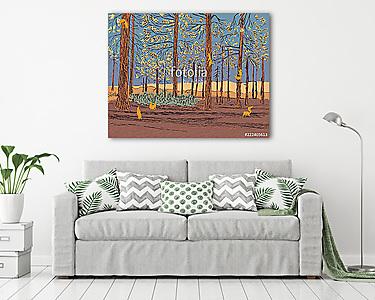 Vector illustration of a pine forest with scurrying squirrels around (vászonkép) - vászonkép, falikép otthonra és irodába