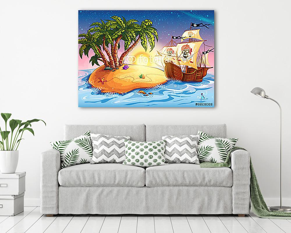 A sziget egy kalózhajóval (keretezett kép) - vászonkép, falikép otthonra és irodába