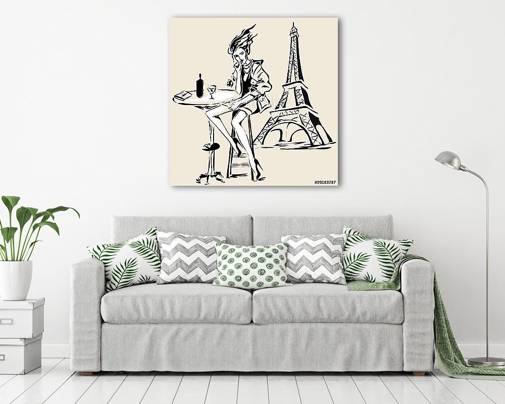 Divatos lány pohár vörösborral, kávézóban, Eiffel közelében  - vászonkép, falikép vásárlás Divatos lány pohár vörösborral, kávézóban, Eiffel közelében  (fotótapéta) - vászonkép, falikép otthonra és irodába