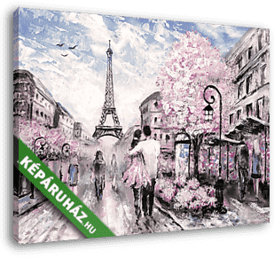 Párizsi utcakép, sétáló párral, virágzó fákkal (olajfestmény reprodukció) - vászonkép 3D látványterv