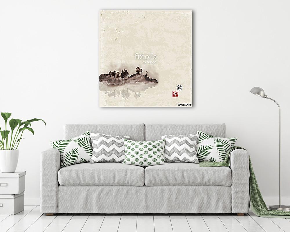 Sziget fákkal ködben. Hagyományos japán festékfestés sumi (fotótapéta) - vászonkép, falikép otthonra és irodába