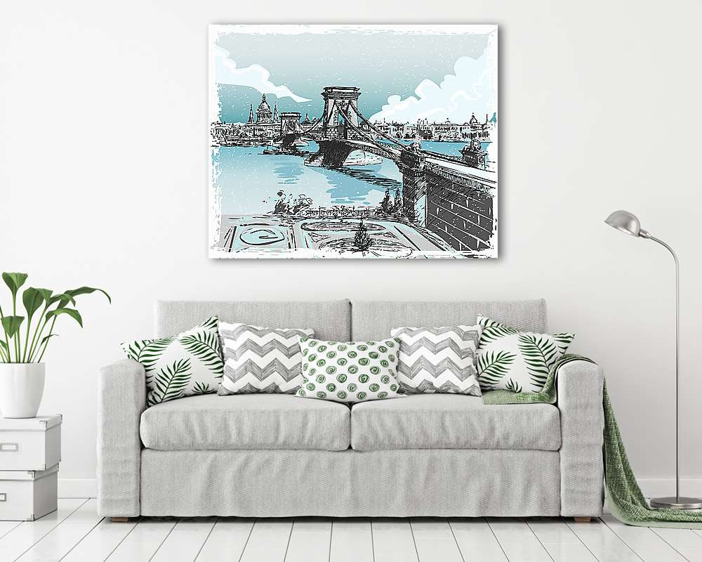 Vintage Hand Drawn View of Lions Bridge in Budapest - vászonkép, falikép vásárlás Vintage Hand Drawn View of Lions Bridge in Budapest (vászonkép) - vászonkép, falikép otthonra és irodába