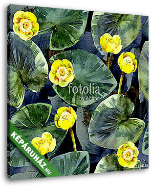 Seamless watercolor pattern of yellow water lilies and leaves. - vászonkép 3D látványterv